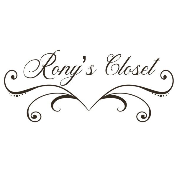The text 'Rony's Closet' in an elegant black cursive font, centered on a plain white background with decorative flourishes extending downward.